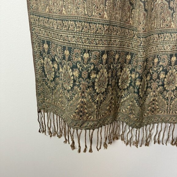 Green Tan Paisley Fringe Rectangle Scarf Multi Color Floral Bohemian 78” X 27” - Picture 2 of 5